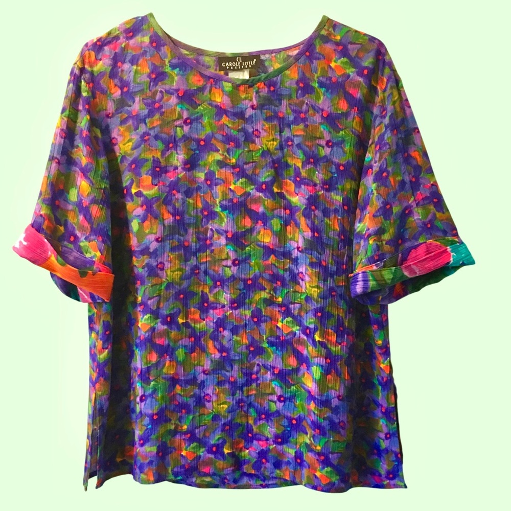 Vintage Carole Little Multicolor Floral Print Short Sleeve Top